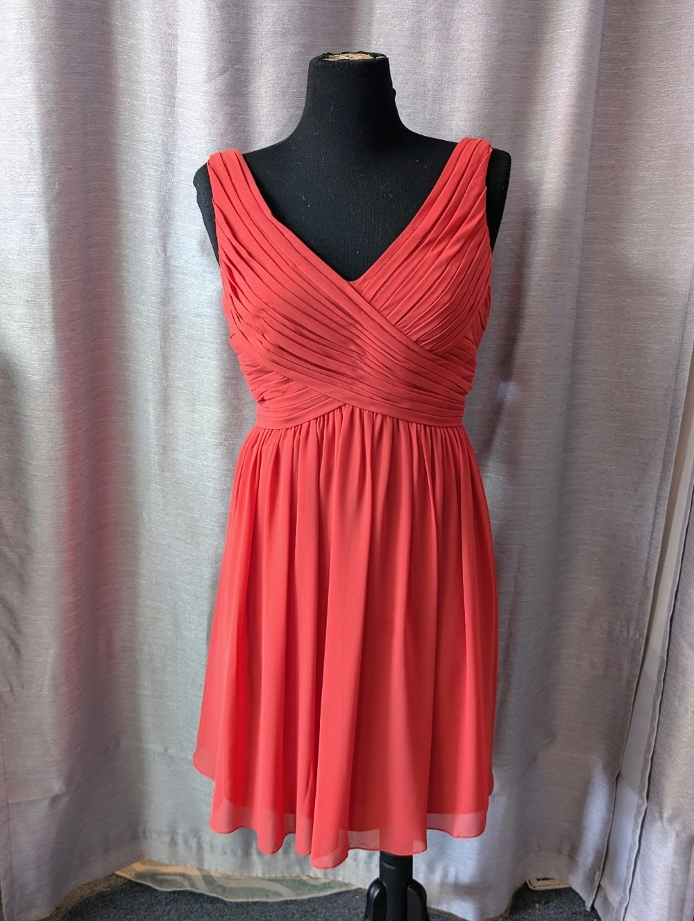 Coral Chiffon Dress Gathered Bodice Party Dress M